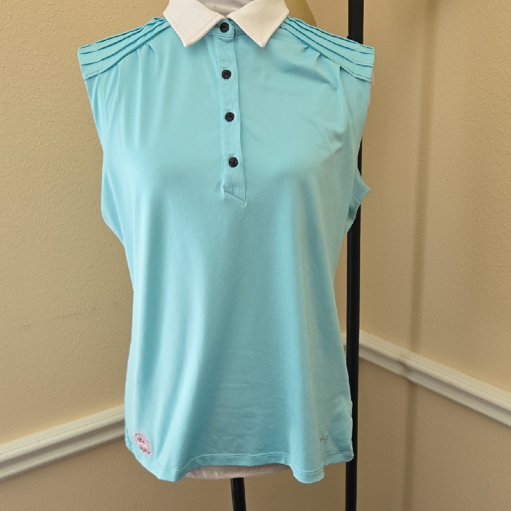 Annika Cutter & Buck Elegant Sleeveless Aqua Polo Blouse PGA Patch Large